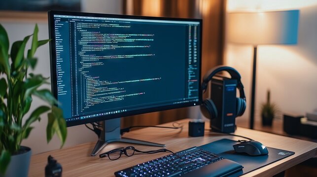 A computer setup with code on the screen, representing learning python for data engineering. main objects: monitor, keyboard, plant, headphones.