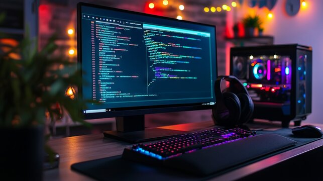 A computer setup with code on the screen, representing learning python for data engineering. main objects: monitor, keyboard, plant, headphones.