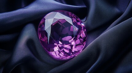 A large, purple gemstone with a faceted cut rests on a dark blue fabric. The gemstone is oval shaped and reflecting light.