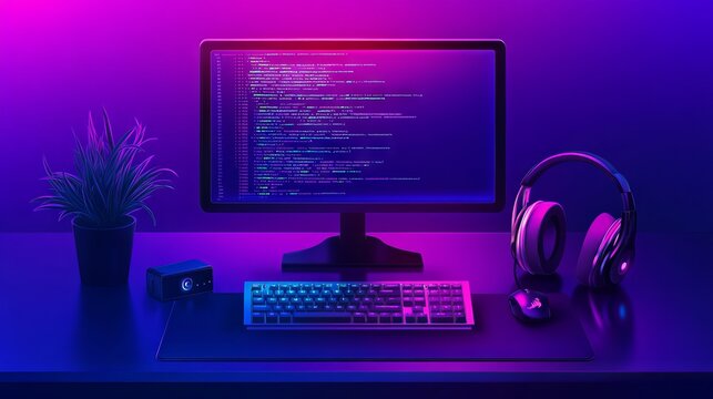 A computer setup with code on the screen, representing learning python for data engineering. main objects: monitor, keyboard, plant, headphones.