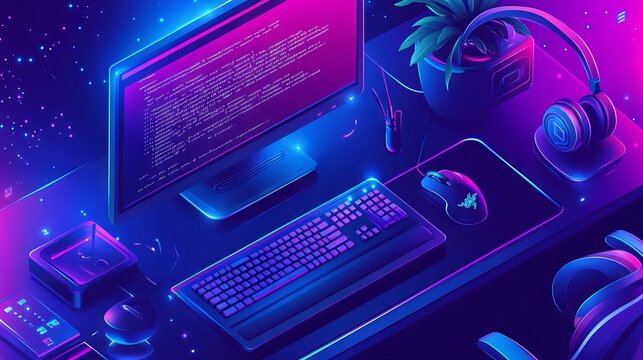 A computer setup with code on the screen, representing learning python for data engineering. main objects: monitor, keyboard, plant, headphones.