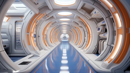 Futuristic space station or spaceship interior scifi style corridor or room.