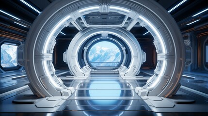 futuristic white space station interior with window view on space.