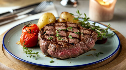 A mouthwatering plate of medium-rare grilled sirloin steak with herbs, baked cherry tomatoes, and potatoes, served in a soft restaurant setting. Perfect for culinary and gourmet presentations. 