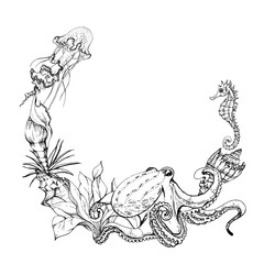 Marine life, sea ocean underwater creatures fish, shells algae seaweed, Ink and pen sketch hand drawn. Wreath frame illustration, stylized, isolated on white. For zoo shop, aquarium, cosmetics, resort