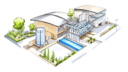 Modern Water Treatment Facility Illustration