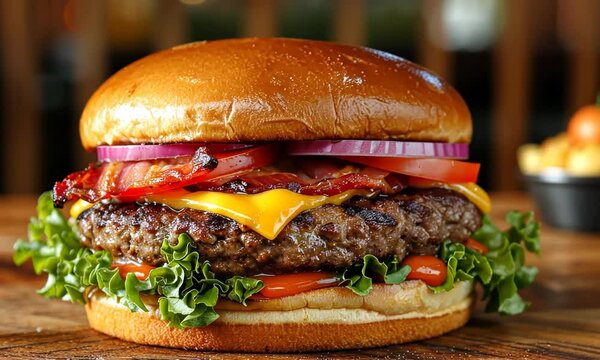 A large hamburger with bacon, cheese, and onions on top 4K Video