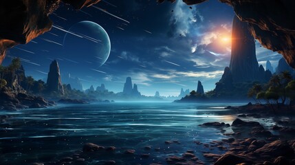 night view of A magnificent view of the Milky Way galaxy stretching above large rocks on a peaceful beach under a star.