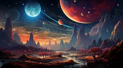 Obraz premium outer space colorful planets and speeding comets cartoon style background.