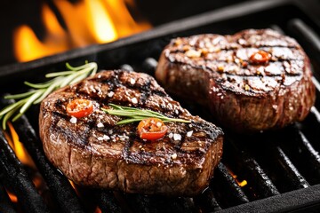 Sizzling grilled steaks with herbs on flaming grill