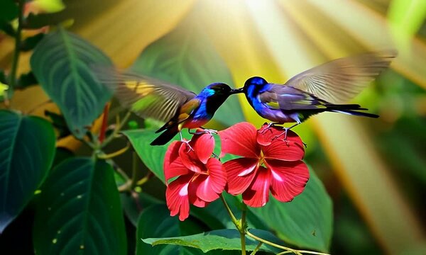 Two hummingbirds hovering over vibrant red hibiscus flowers, against a tropical rainforest backdrop