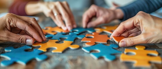 A group of diverse colleagues smiles while holding colorful puzzle pieces, symbolizing teamwork and collaboration. Free copy space for text.