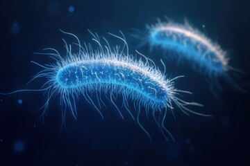 Detailed visualization of bacteria in blue microscopic environment