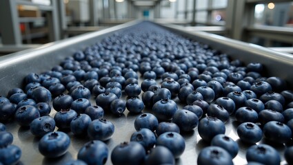 Obraz premium Fresh blueberries on stainless steel conveyor belt under bright lights