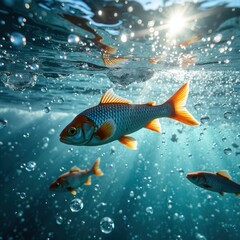 Fototapeta premium A lively underwater scene featuring vibrant fish swimming amidst sparkling bubbles, illuminated by beams of sunlight, captures the dynamic energy and serene beauty of marine life.