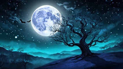 A haunting full moon illuminates a spooky night scene with a twisted tree and flying bats over a misty graveyard, evoking a chilling Halloween atmospher