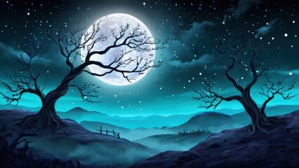 A dark, eerie landscape with a full moon, barren tree, and bats soaring over a fog-covered graveyard, setting a mysterious and spooky Halloween scene