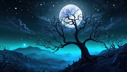 A haunting full moon illuminates a spooky night scene with a twisted tree and flying bats over a misty graveyard, evoking a chilling Halloween atmospher