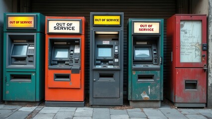 A row of four out-of-service ATMs in varying conditions and colors, with a red vending machine to the far right, situated on a concrete sidewalk in an urban setting.