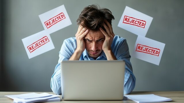 A man sits at a desk in a home office, visibly frustrated as he receives rejection notices on his laptop. Papers with the word 'REJECTED' surround him, indicating the stress he faces during his job se