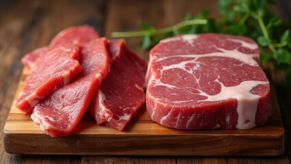 Fototapeta premium Various cuts of raw beef are artfully arranged on a rustic wooden board, accompanied by vibrant green herbs, showcasing the meat's varying textures and marbling against a wooden backdrop.
