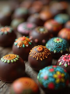 An array of chocolate truffles intricately decorated with colorful patterns and designs, arranged in a visually appealing manner, highlighting the artistry and precision of fine confectionery.