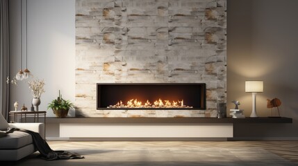 create a High Quality, fireplace modern, classic and stone style. beautiful lit fireplaces surrounded by modern tile ,on white background