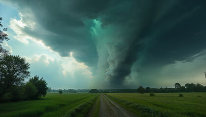 Obraz premium A storm is brewing in the distance, with dark clouds looming over a field
