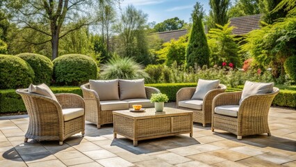 Rattan garden furniture set on a patio during summertime