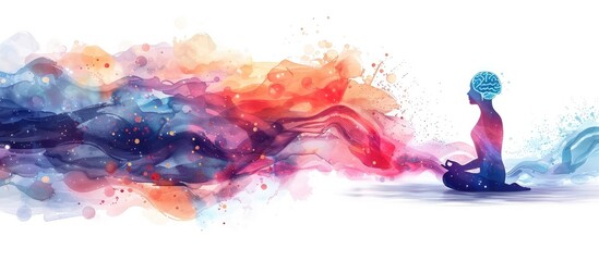 A person sitting in a meditative pose amidst a surreal ethereal landscape of vibrant colors symbolizing spiritual enlightenment inner peace and deep contemplation