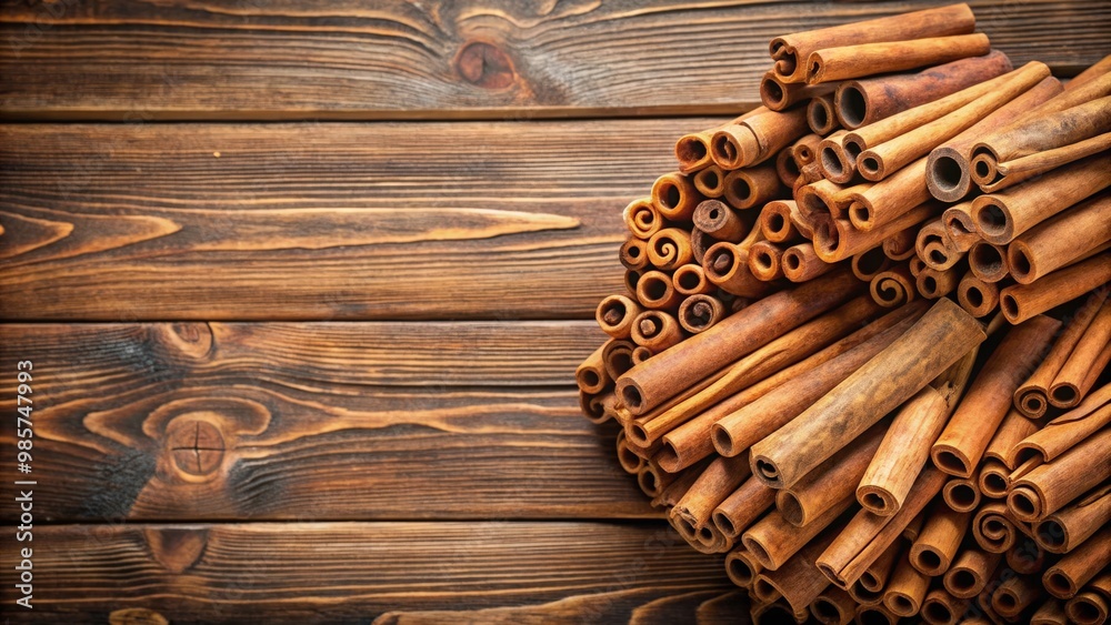 Aufkleber top view of a pile of cinnamon sticks on a wooden background