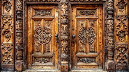 Weathered double entrance wooden door with intricate carvings and ancient charm