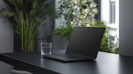 Laptop on the table with glass of water 