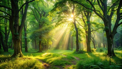 Obraz premium Lush greenery and dappled sunlight in a peaceful forest setting