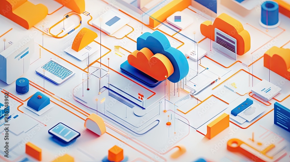 Poster cloud-based solutions illustrated through interconnected icons and data lines, representing how busi