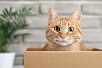 Orange Tabby Cat in Cardboard Box, Curious Expression, Cozy Indoor Scene