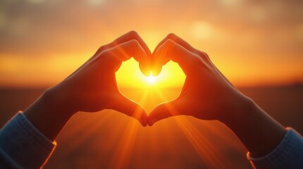 Two hands are forming a heart shape, framing the setting sun in the background, and creating a warm, golden glow, symbolizing love, unity, and the beauty of nature.