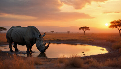 A rhino is drinking water from a pond in the wild