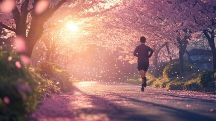 Runner Under Cherry Blossom Trees in Spring