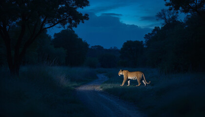 A tiger is walking on a road at night