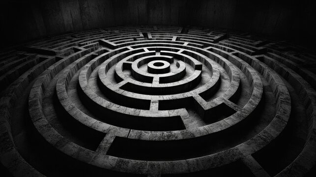 A labyrinth with dark paths looping back on themselves, symbolizing the endless loops of negative thinking patterns