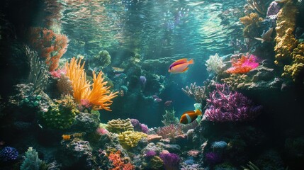 Fototapeta premium Coral reef biodiversity with different marine species interacting, symbolizing ecological balance.
