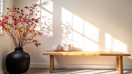 Elegant wooden bench beside a decorative vase and a stunning maple branch arrangement in a softly lit room