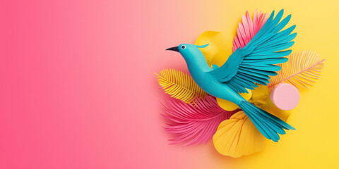 Obraz premium vibrant bird in dynamic pose surrounded by colorful leaves creates lively scene