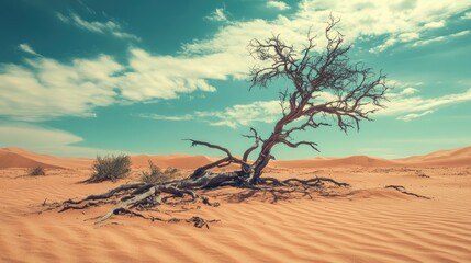 Dead tree in the middle of a desert, with sand dunes stretching to the horizon, showing the devastating effects of drought.