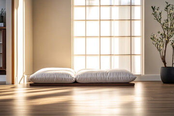 Bright and serene minimalist interior featuring two large cushions near a sunlit window in a modern living space