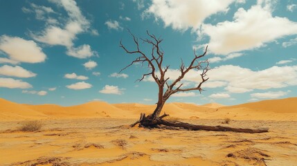 Dead tree in the middle of a desert, with sand dunes stretching to the horizon, showing the devastating effects of drought.