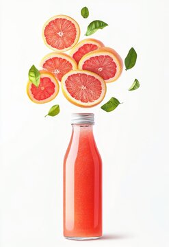 Refreshing pink grapefruit juice in a bottle surrounded by fresh grapefruit slices and green leaves on a bright background