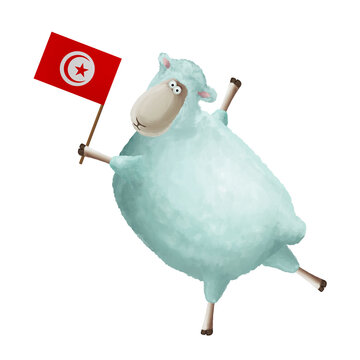 recommend clip art: Funny cartoon sheep with flag of Tunisia. Bright clip art on white background