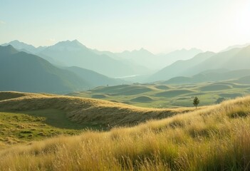 Fototapeta premium Golden Grassy Hills with Lone Tree and Snow Capped Mountains